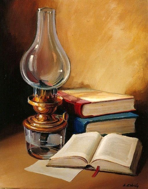 "Still Life with Kerosene Lamp and Books"